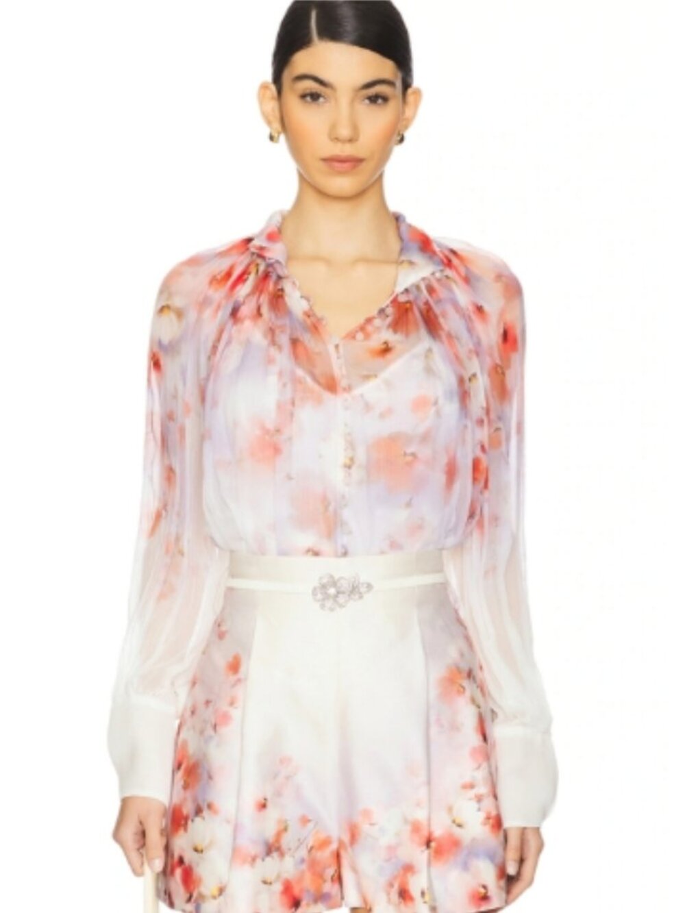 Zimmermann Crush Smock Floral Romantic Buttondown High Neck Blouse Size 2 Medium